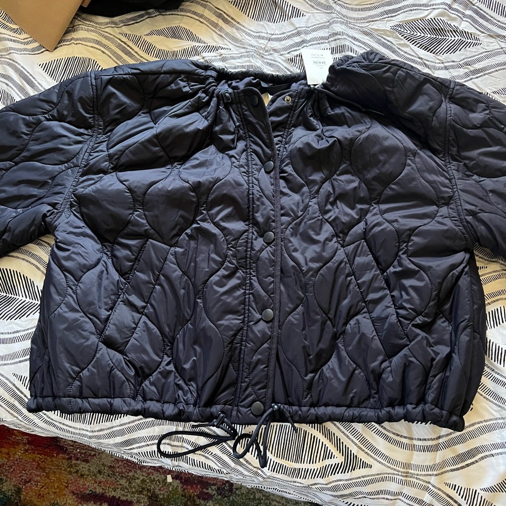 Blue Quilted Puffer Jacket with Stand-Up Collar
